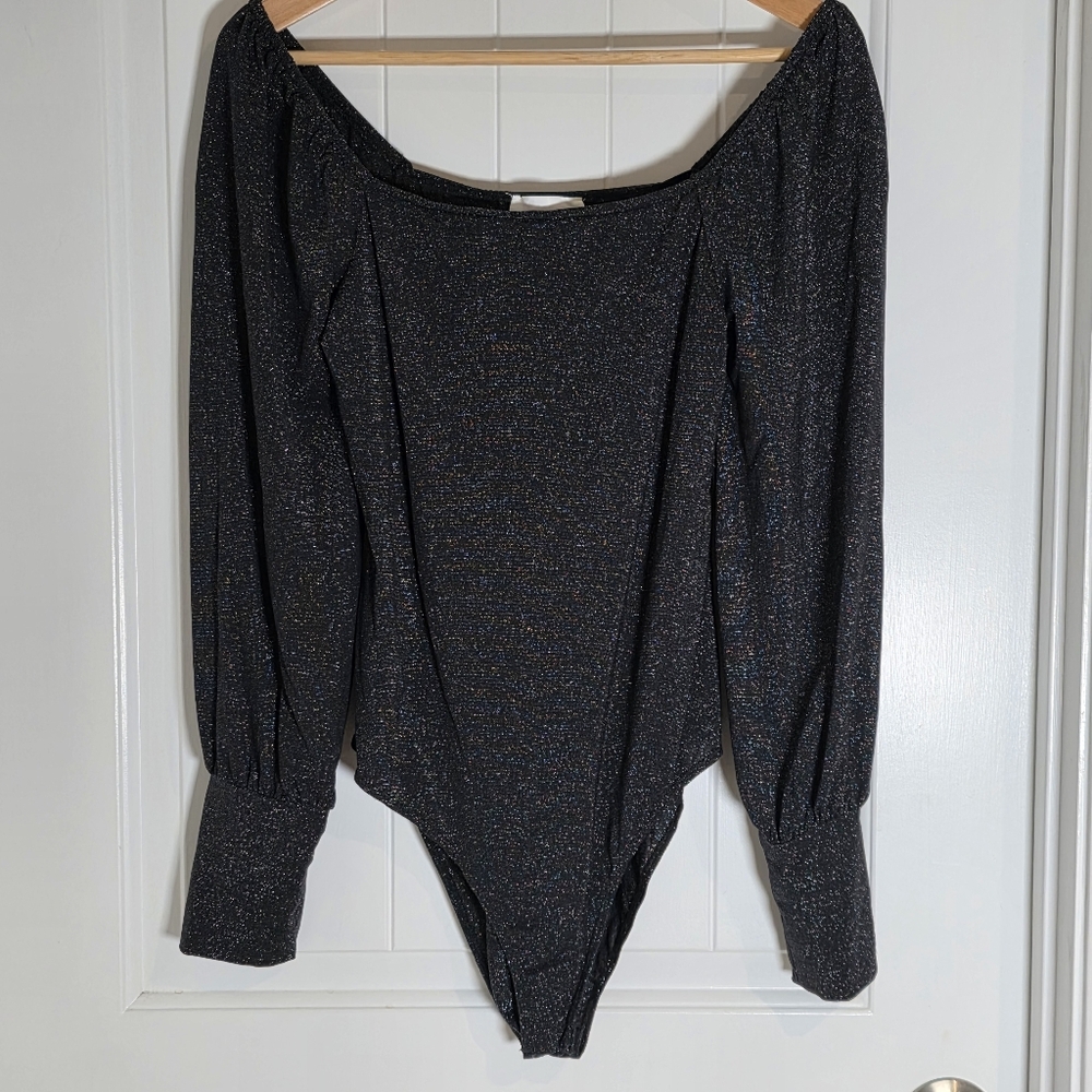 NWOT Heatherly Stitch Fix Black Glitter Sparkle Long Sleeve Bodysuit Off Shoulde